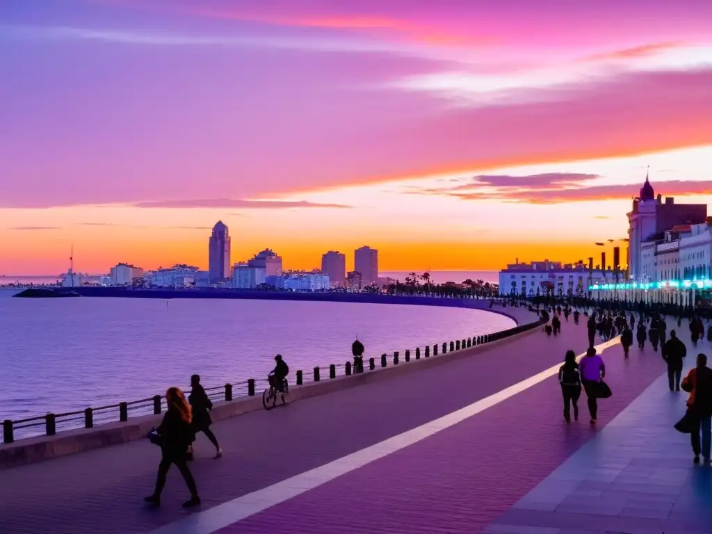 Vista fascinante del atardecer en Montevideo, un destino perfecto para presupuestos ajustados en Uruguay, con su Rambla lleno de vida