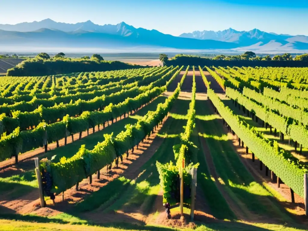 Vista impactante de una viña uruguaya al atardecer durante la cosecha, con los mejores vinos uruguayos para degustar en una mesa rústica