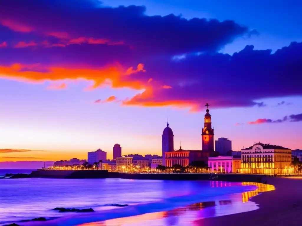 Vista impresionante del atardecer en Montevideo, con atracciones económicas Uruguay destacadas en su vibrante Rambla y el icónico Palacio Salvo