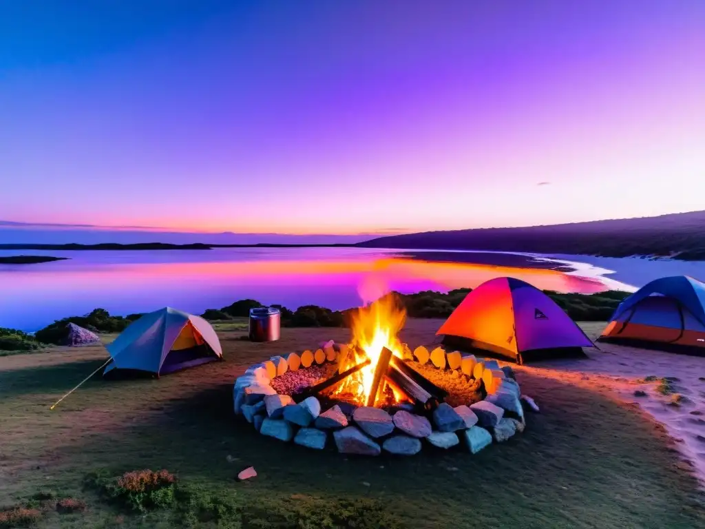 Vista impresionante del atardecer en una de las mejores áreas de camping en Uruguay, Laguna Garzón, con hoguera, carpas y kayaks