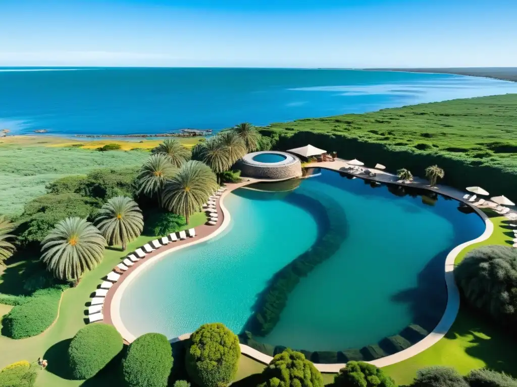 Vista impresionante de las mejores termas marinas y balnearios de Uruguay, un oasis de relajación bajo un cielo azul intenso