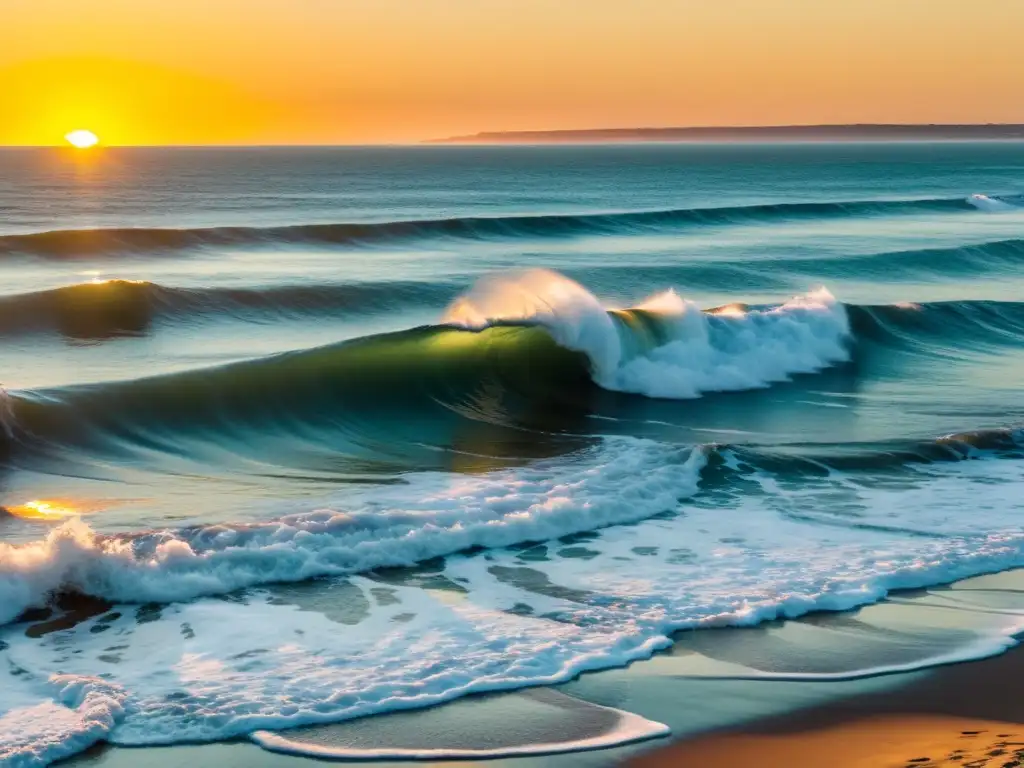 Vista impresionante de Punta del Diablo, uno de los mejores spots para surfear en Uruguay, al atardecer dorado