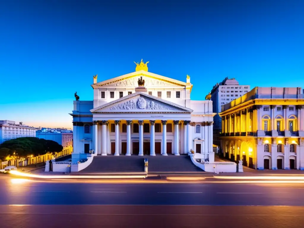 Vista impresionante del Teatro Solís en Montevideo, un emblema de cultura y arte, bajo un cielo crepuscular azulado