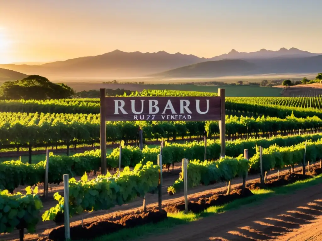 Vista impresionante de una viña uruguaya al atardecer bajo el sol dorado, con el letrero 'Ruta del Vino en Uruguay' invitando a explorar