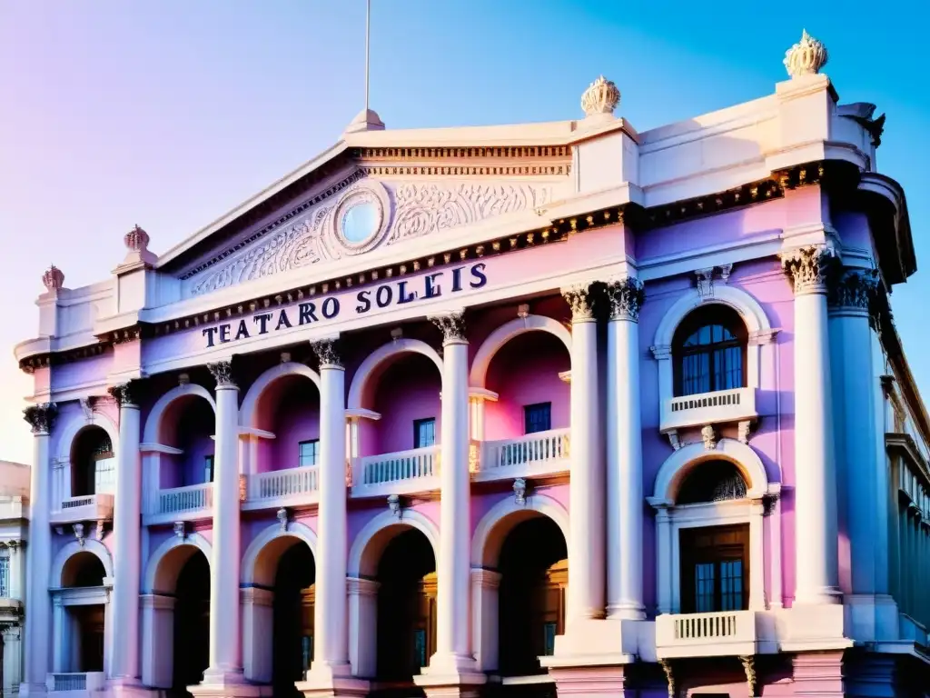 Vista intrincada del Teatro Solís de Montevideo, Uruguay, resplandeciendo bajo la luz del atardecer, un emblema de cultura y arte