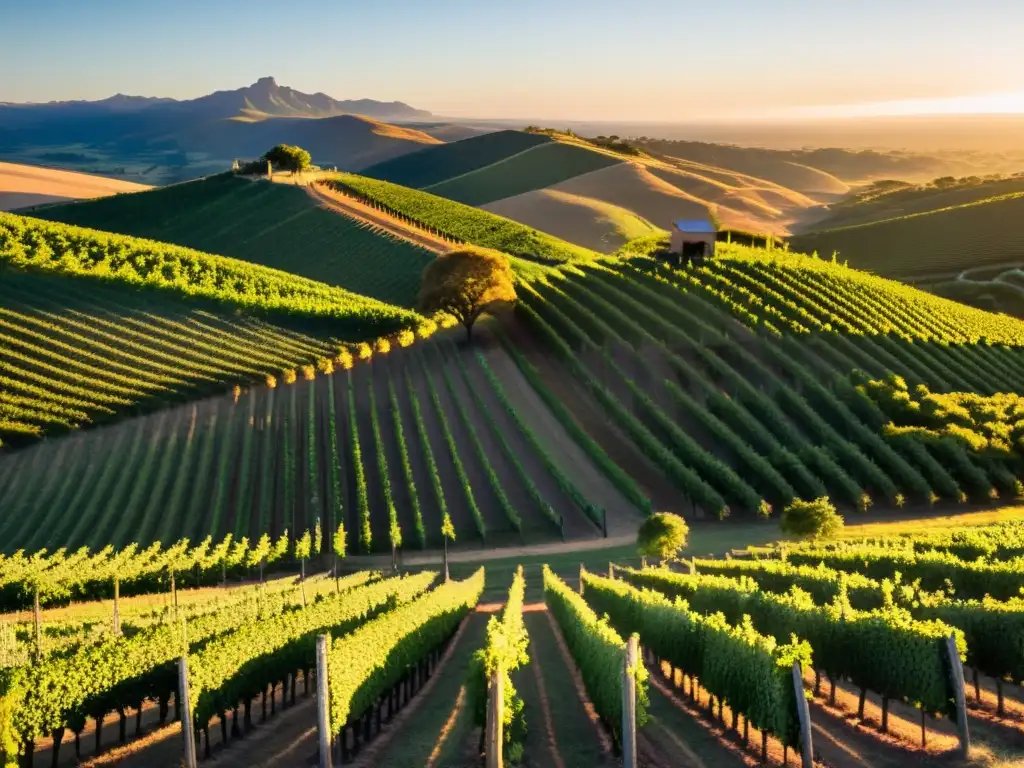 Vista mágica de la ruta de lujo vinos Uruguay: viñedo bañado en luz dorada al atardecer, trabajadores en la lejanía y hacienda tradicional