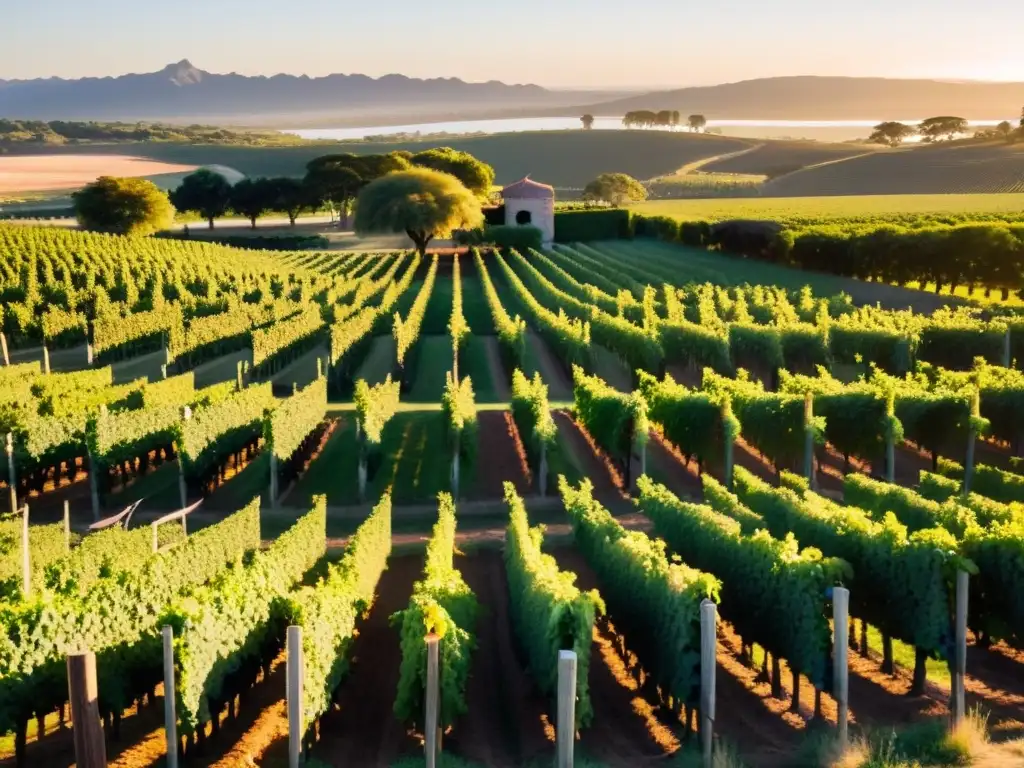 Vista majestuosa de bodegas icónicas en Uruguay al anochecer, viñedos dorados y trabajadores recolectando uvas en su viaje vitivinícola