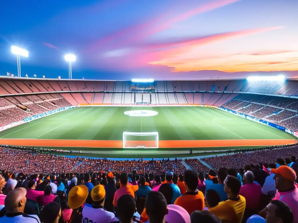 Vista majestuosa del Estadio Centenario en Montevideo, Uruguay, durante un emocionante partido al atardecer, con el cielo pintado de rosa y naranja, reflejando la pasión de su gente y la importancia del calendario de eventos deportivos de Uruguay