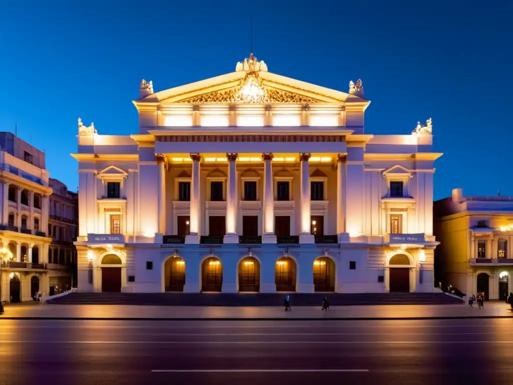 Vista majestuosa del Teatro Solís en Montevideo, Uruguay, donde la cultura y el arte brillan bajo un cielo estrellado