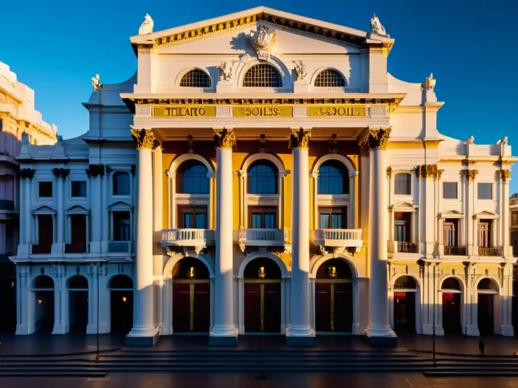 Vista majestuosa del Teatro Solís en Montevideo, monumento del siglo XIX y cuna de cultura y arte, bajo el cálido sol dorado