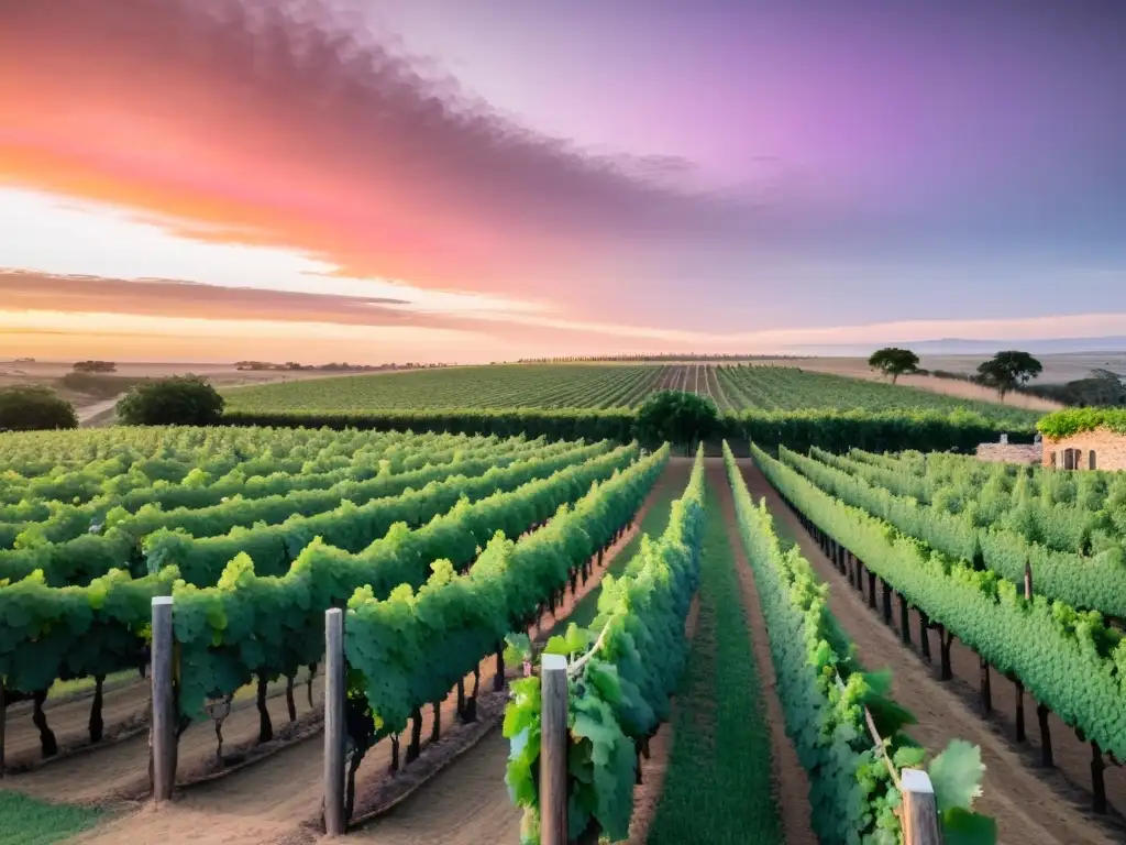 Vista majestuosa de un viñedo uruguayo al atardecer con cielo en llamas y la 'Ruta de lujo vinos Uruguay' invitándote a explorar