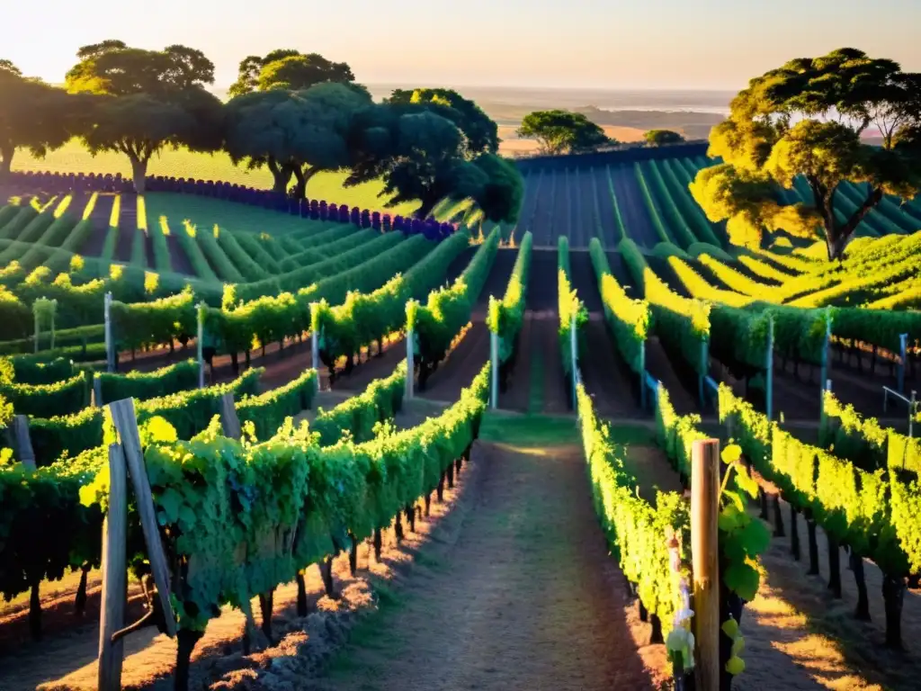 Vista del majestuoso viñedo uruguayo bañado en el dorado atardecer, recolectando los mejores vinos uruguayos para degustar