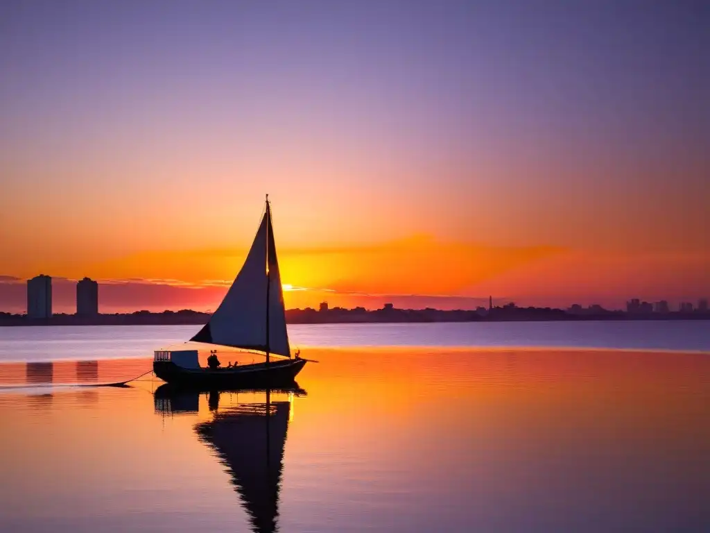 Vista matutina del sol naciente sobre el tranquilo Río de la Plata en Uruguay, con vibrantes tonos naranjas y púrpuras reflejados en sus aguas