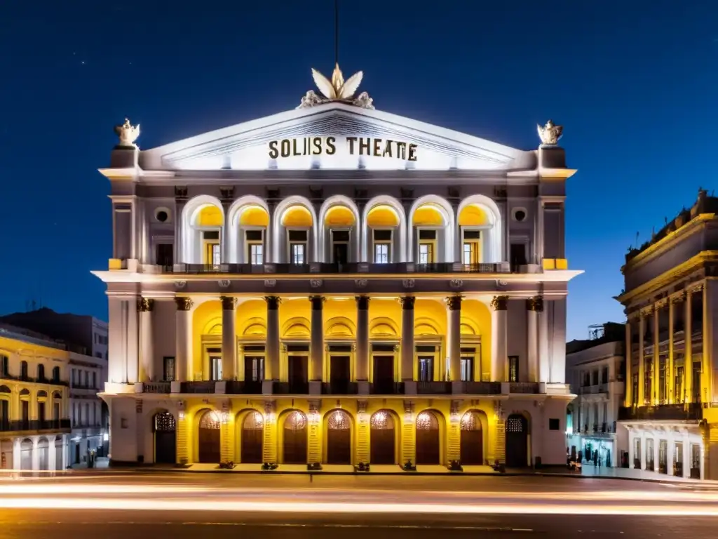 Vista nocturna del icónico Teatro Solís de Montevideo, Uruguay, iluminado bajo un cielo estrellado