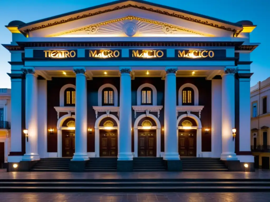 Vista nocturna del Teatro Macció, joya de los teatros históricos en Uruguay, resplandeciendo con su arquitectura neoclásica bajo un cielo purpúreo