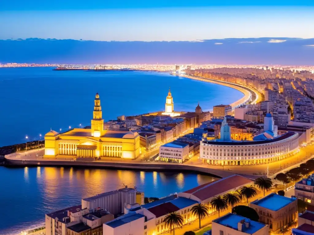 Vista panorámica aérea de Montevideo al anochecer, lugares ocultos Uruguay viaje fotográfico revela la mágica arquitectura y vida nocturna