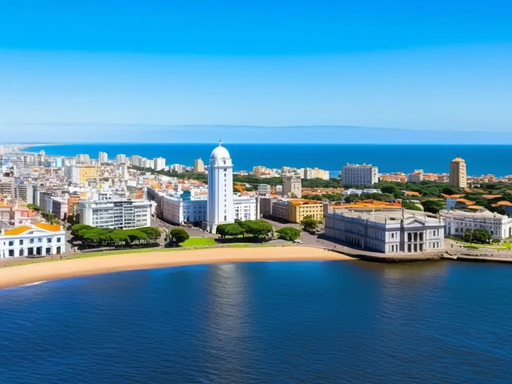 Vista panorámica aérea de Montevideo, Punta del Este, Colonia y Salto, invitándote a reservar alojamiento en Uruguay