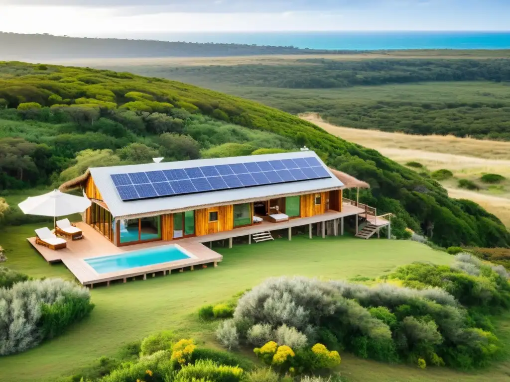 Vista panorámica de un alojamiento ecológico Uruguay sostenible, con cabañas rústicas y una vida en armonía con la naturaleza