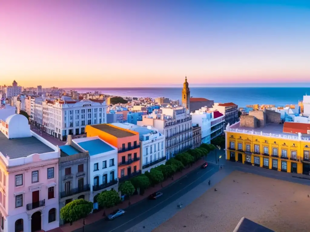 Vista panorámica del amanecer en Montevideo, Uruguay, iluminando alojamientos económicos Uruguay calidad, en un paisaje urbano encantador