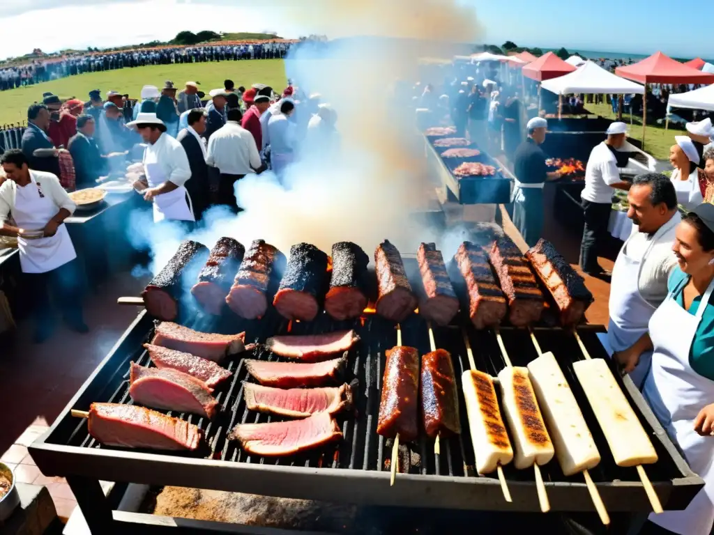 Vista panorámica de un animado asado uruguayo en un mercado al aire libre de Montevideo, con chefs enfocados en la parrilla llameante y espectadores disfrutando de los eventos gastronómicos de la cultura uruguaya bajo el cielo dorado