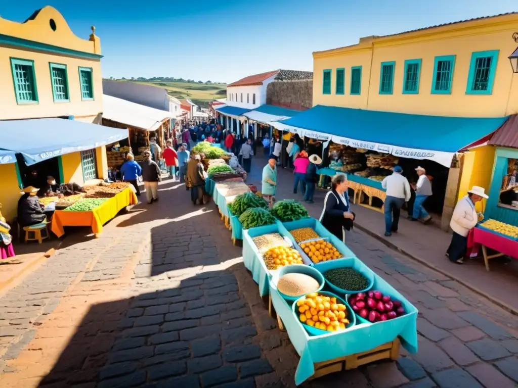 Vista panorámica de un animado mercado en Uruguay, lleno de colores y actividades turismo comunitario, con visitantes disfrutando la cultura local