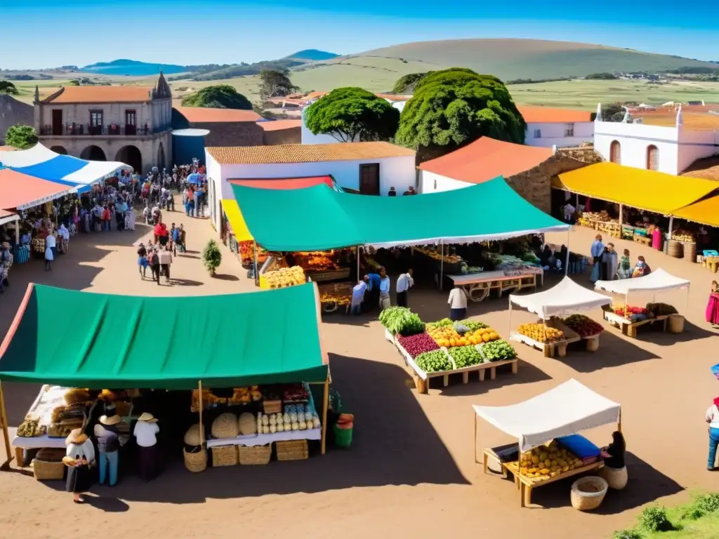 Vista panorámica de un animado mercado uruguayo, lleno de artesanías y comidas locales