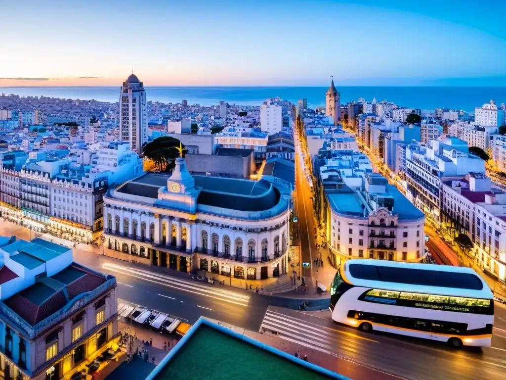 Vista panorámica de Montevideo, Uruguay, al anochecer con aplicaciones de transporte en Uruguay facilitando el flujo de la vibrante vida urbana