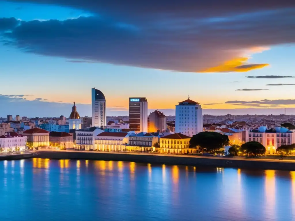 Vista panorámica del atardecer en Uruguay, con alojamientos económicos de calidad, modernos rascacielos y casas coloniales