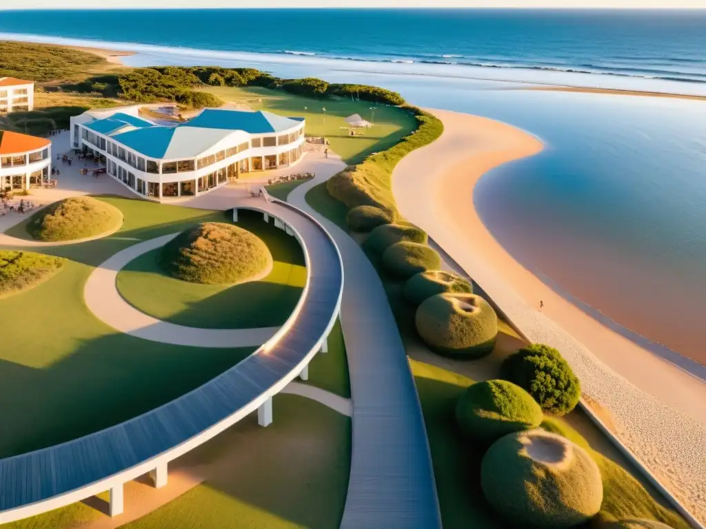 Vista panorámica al atardecer de 'alojamientos accesibles en Uruguay', un resort de playa inclusivo donde todos disfrutan