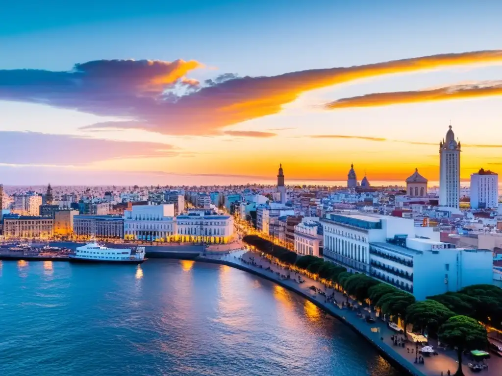 Vista panorámica de Montevideo al atardecer, con una ambulancia corriendo hacia el hospital, simbolizando 'Emergencias de salud viaje Uruguay'