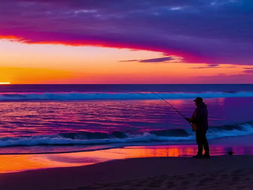 Vista panorámica del atardecer sobre el Atlántico desde Uruguay, con un pescador solitario disfrutando de la serenidad y belleza de la pesca recreativa en Uruguay