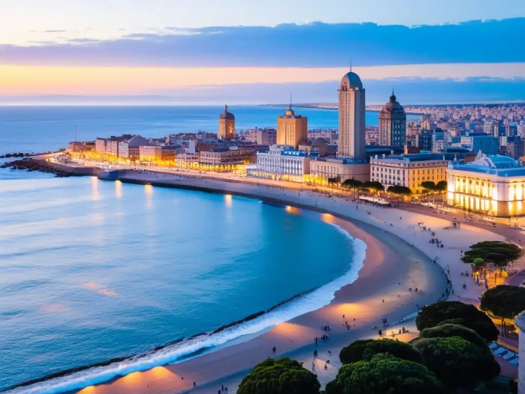 Vista panorámica de Montevideo al atardecer, con sus balnearios emblemáticos de Uruguay, arquitectura ecléctica y Rambla animada