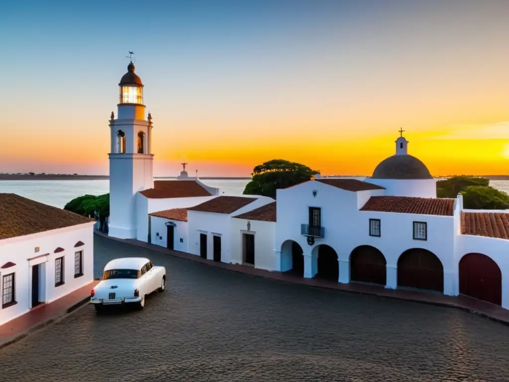 Vista panorámica al atardecer de Colonia del Sacramento, patrimonio de la UNESCO en Uruguay, con su encanto colonial y faro imponente