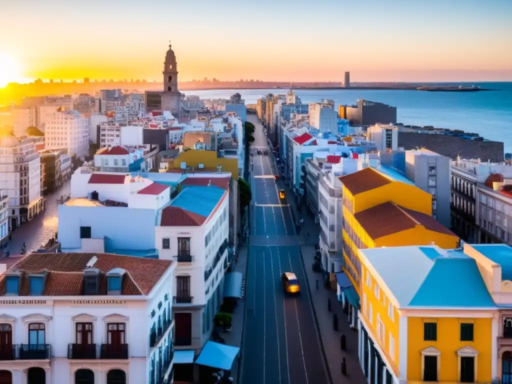 Vista panorámica de Montevideo en atardecer dorado, turistas buscan alojamiento económico, reflejando consejos para ahorrar en alojamiento en Uruguay