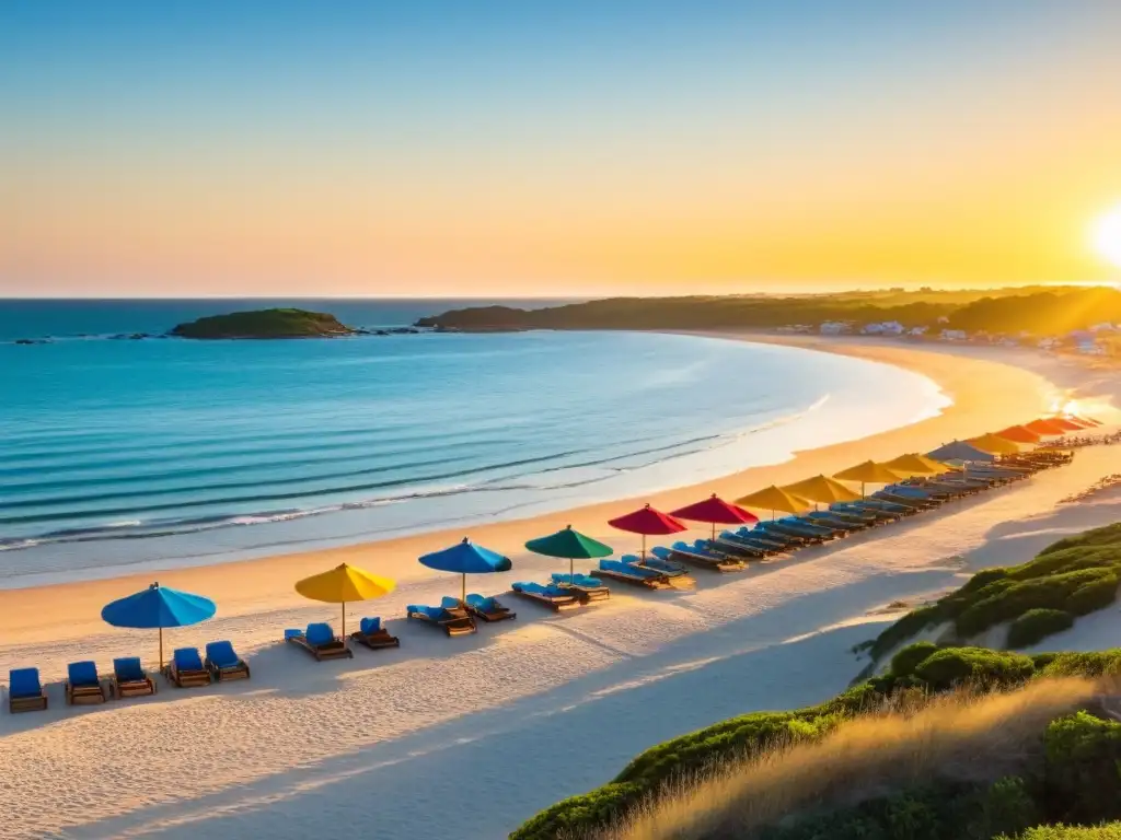 Vista panorámica del atardecer dorado en los emblemáticos balnearios de Uruguay, Canelones, con sombrillas coloridas y mar sereno