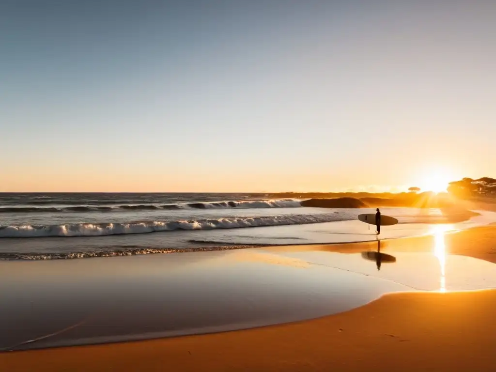 Vista panorámica del atardecer dorado en uno de los mejores spots para surfear en Uruguay, con surfistas listos para cabalgar las últimas olas del día