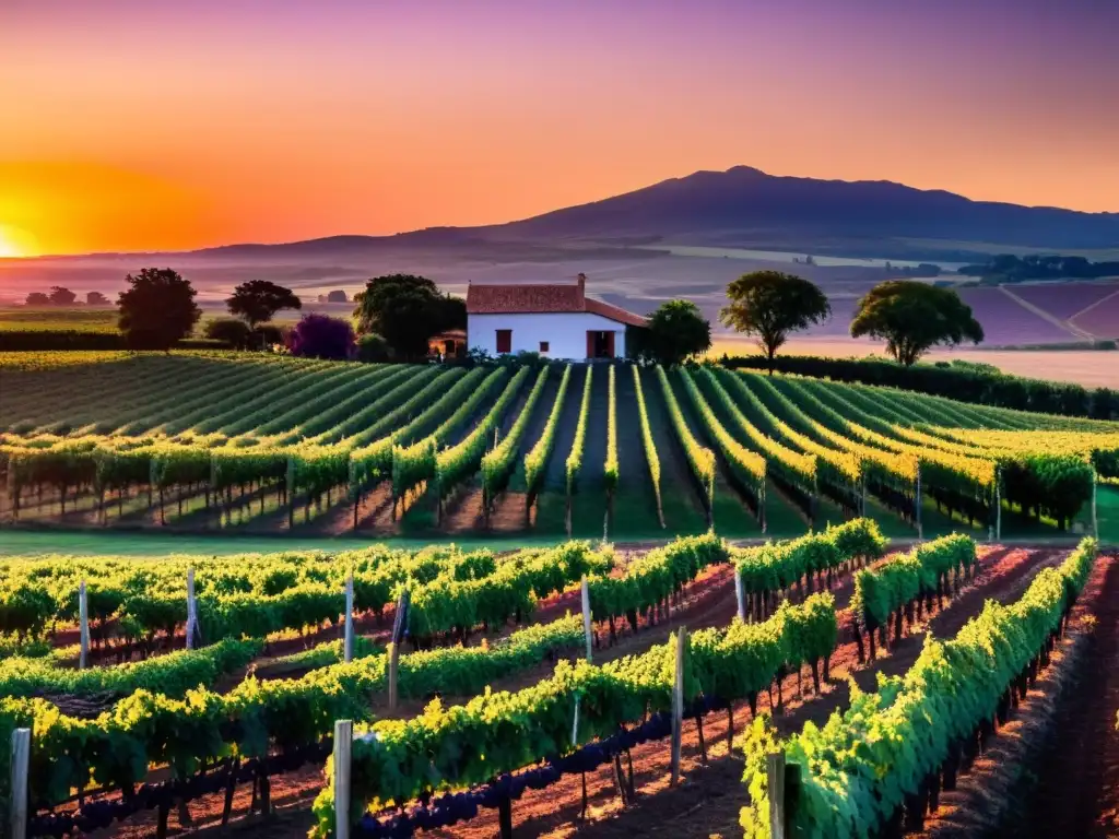 Vista panorámica del atardecer en una extensa viña uruguaya, indicando la 'Ruta del vino en Uruguay' con sabrosos frutos a la espera