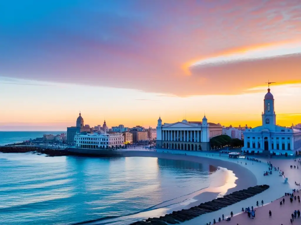 Vista panorámica del atardecer en Montevideo, con el histórico Palacio Salvo y alojamientos económicos Uruguay calidad