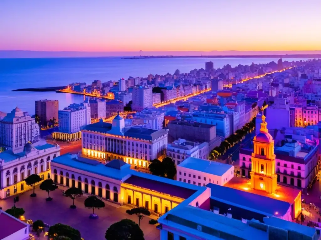 Vista panorámica de Montevideo al atardecer, mostrando el impacto histórico de Uruguay con su diversidad y el icónico Palacio Legislativo