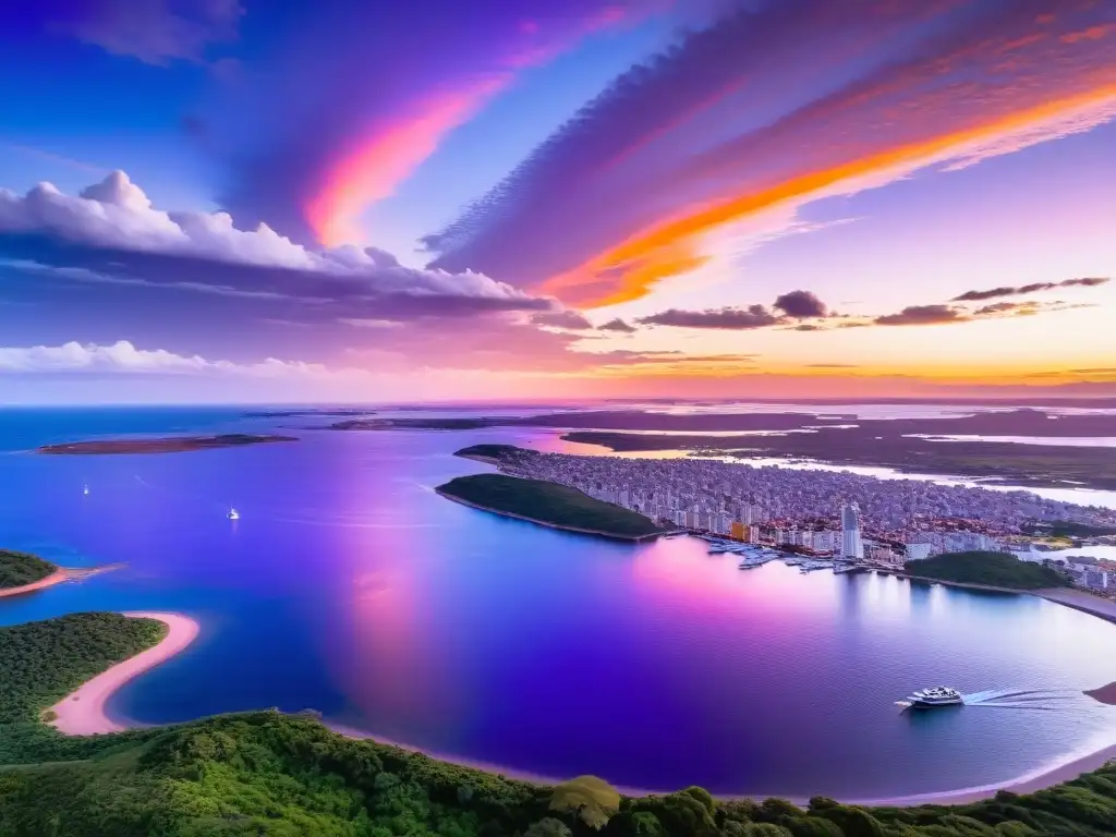 Vista panorámica del atardecer en las Islas del Uruguay en el Río de la Plata, reflejando colores vibrantes y serenidad