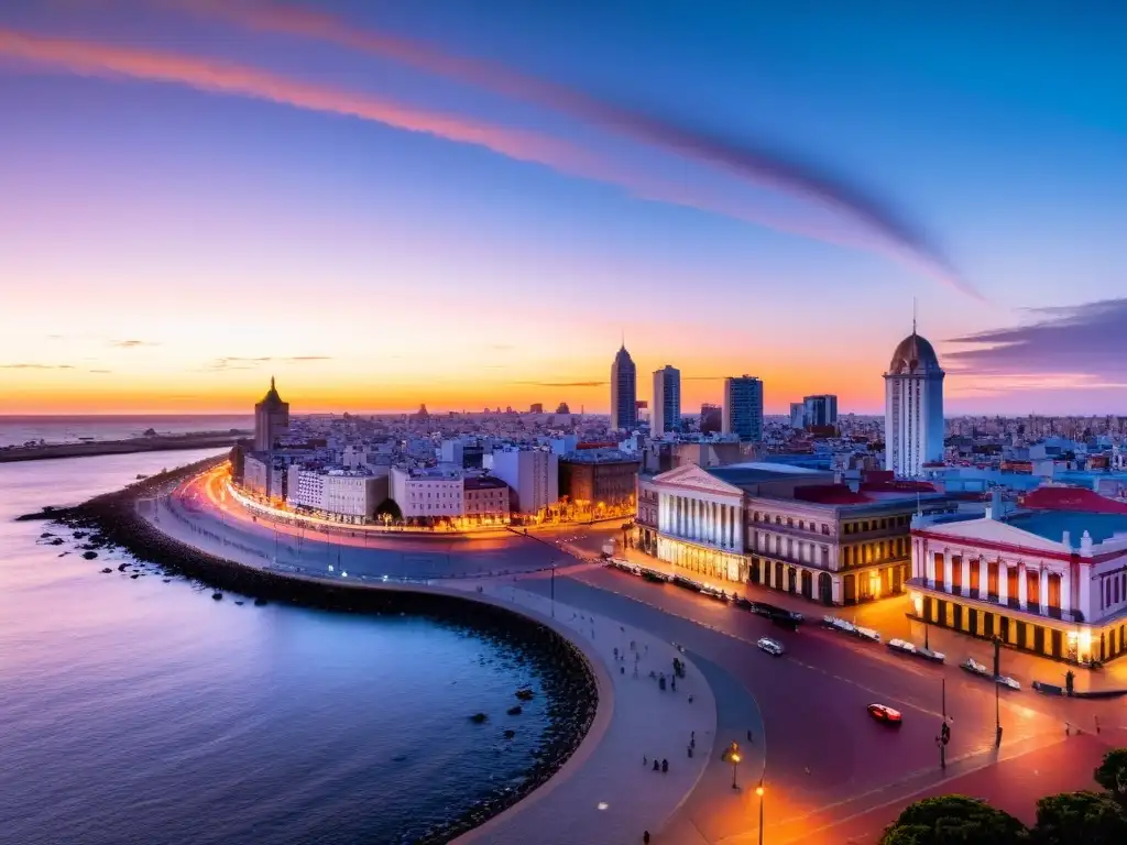 Vista panorámica del atardecer en Montevideo, Uruguay, con luces de la ciudad, teatro Solis y Palacio Salvo, simbolizando la rica herencia cultural