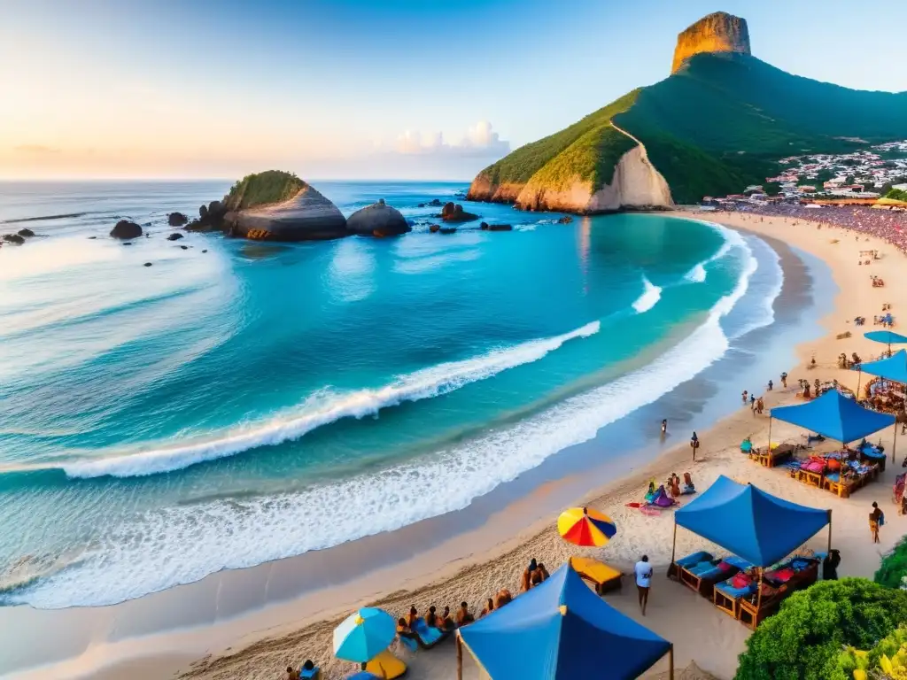 Vista panorámica del atardecer en Maldonado, playas llenas de vida, arte vibrante en el mercado al aire libre y gastronomía local tentadora