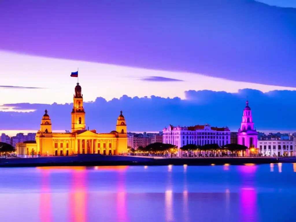 Vista panorámica de Montevideo al atardecer, reflejando el mejor hospedaje turismo Uruguay, con el icónico Palacio Salvo iluminado