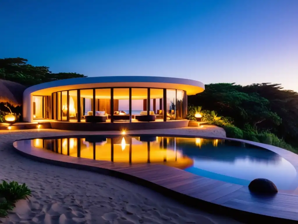 Vista panorámica al atardecer de uno de los mejores spas de lujo en Uruguay, un oasis tropical junto al mar