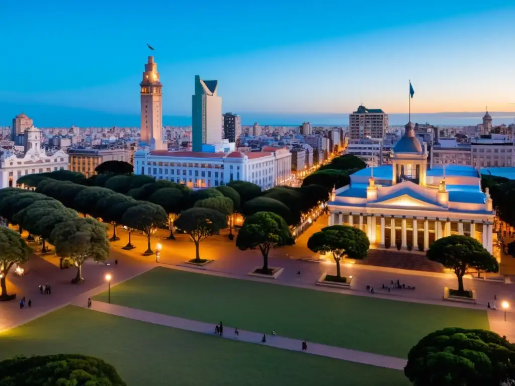 Vista panorámica del atardecer en Montevideo, donde historia y modernidad se fusionan en un paisaje urbano vibrante y lleno de vida