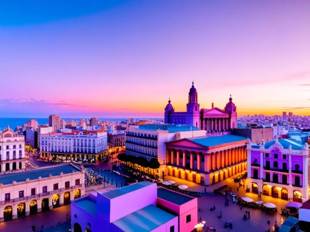 Vista panorámica del atardecer en Montevideo, con el Palacio Salvo y el Teatro Solís, reflejando los colores cálidos del cielo en sus ventanas