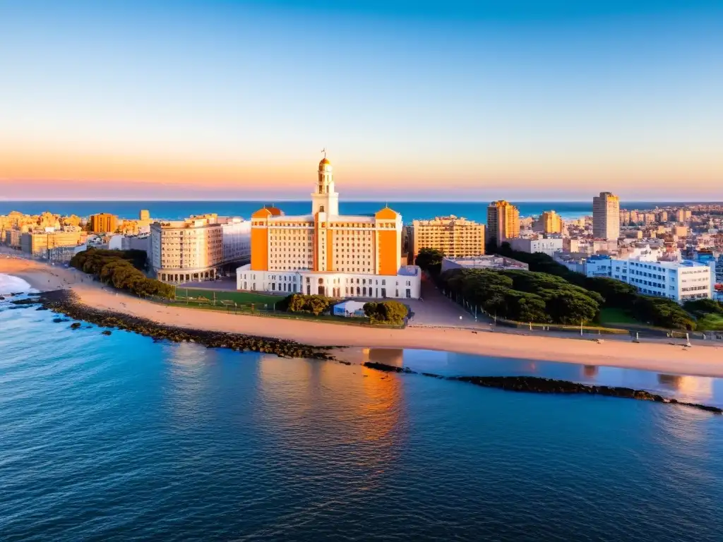 Vista panorámica de Montevideo al atardecer, destacando el Palacio Salvo y un hospital moderno, símbolo del sistema sanitario en Uruguay