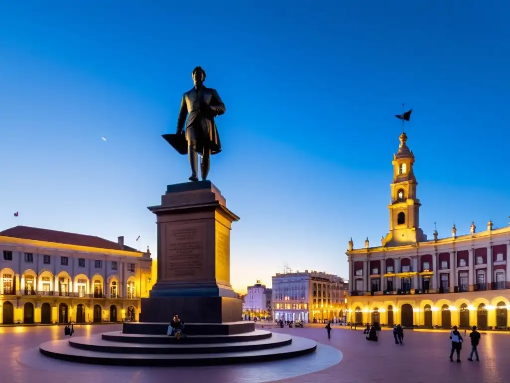 Vista panorámica al atardecer de la Plaza Independencia de Montevideo, con la estatua de Juan Zorrilla en primer plano, reflejando la influencia de sus obras literarias en Uruguay