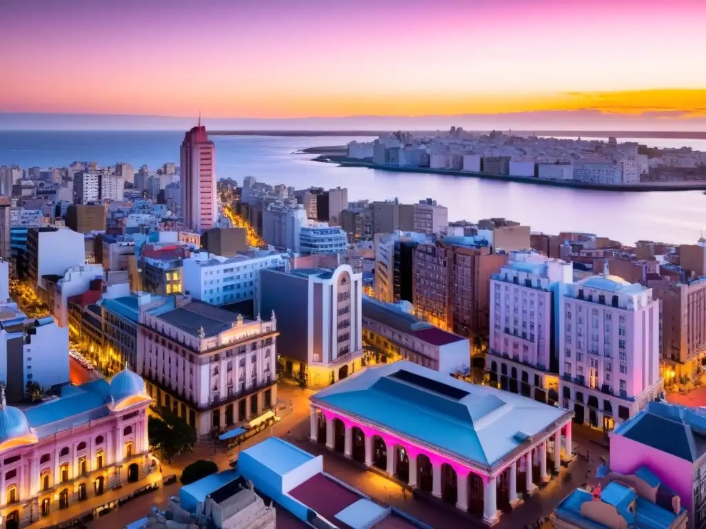 Vista panorámica de Montevideo, Uruguay, al atardecer, resaltando el teatro Solis y Palacio Salvo, mercados locales llenos de vida y turistas buscando consejos para ahorrar dinero en Uruguay