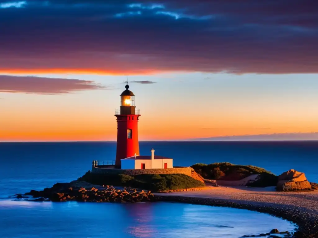 Vista panorámica del atardecer en Uruguay, con tonos anaranjados en el cielo y el faro histórico de Punta Carretas como guardián de la costa